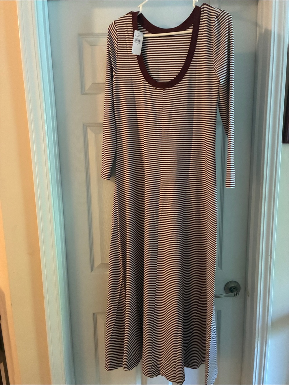 LOFT Striped Scoop Neck Maxi Dress in Burgundy and White